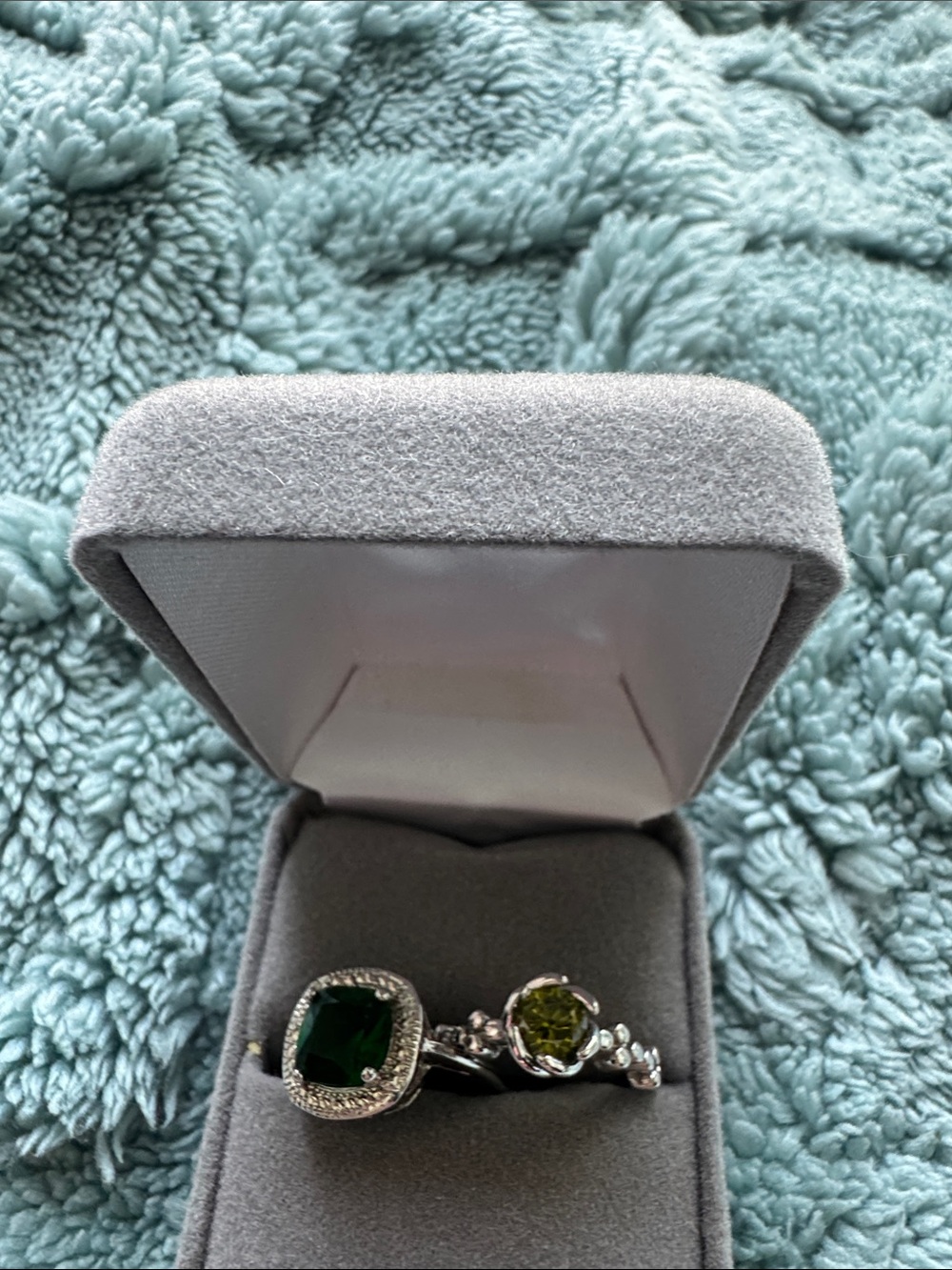 Silver Ring Set with Dark Emerald and Olive Green Stones